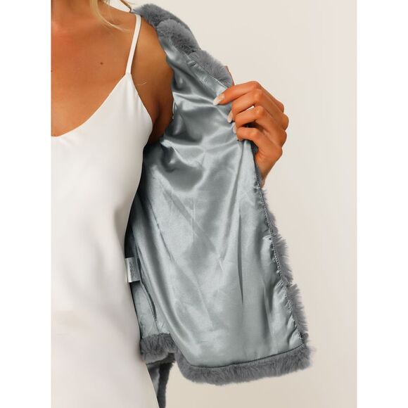 Winter Warm Cropped Jacket Collarless Faux Fur Fluffy Coat Gray - Picture 5 of 5